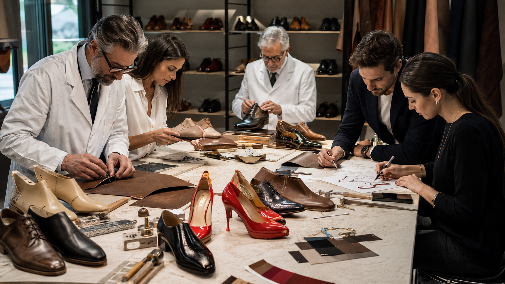 Italian shoe designers and artisans collaborating around a table with prototypes, swatches and sketches.