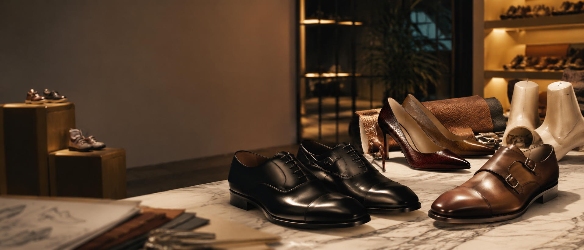 Luxury Italian women’s and men’s shoes displayed in an elegant atelier showroom for private label footwear sourcing.