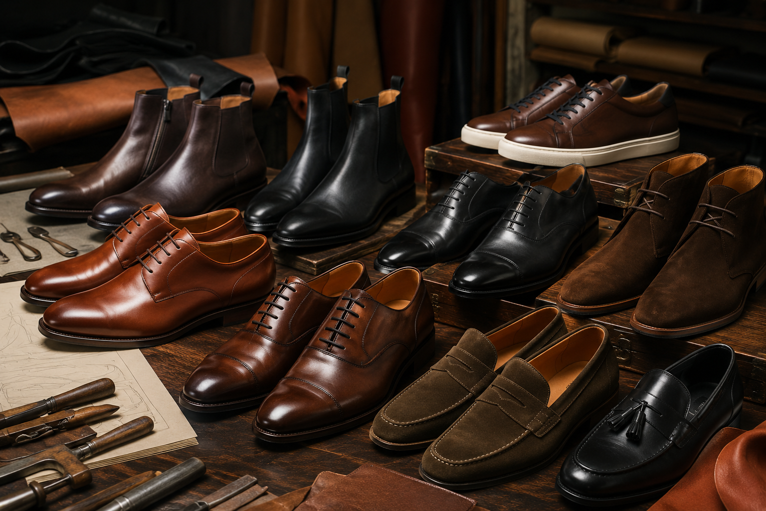 Men’s Italian shoes including dress shoes, loafers, boots and sneakers presented in a luxury artisan workshop.